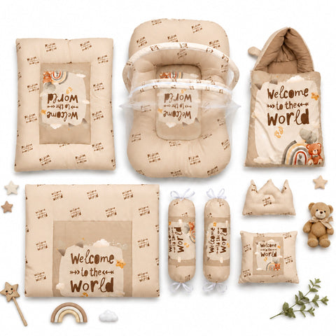 8 Pieces - Cotton Bedding Set - Brown - Welcome - 26