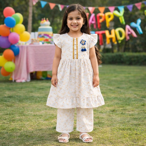 GA - 2 Pieces - Frock Set - White - Leaves