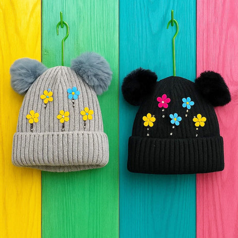 Pack of 2 - Woolen Caps - Grey & Black - Flowers - 25