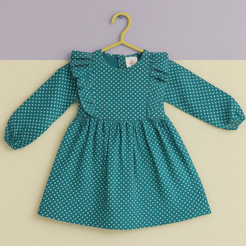 Corduroy Frock - Long Sleeves - Green - Dots - 25