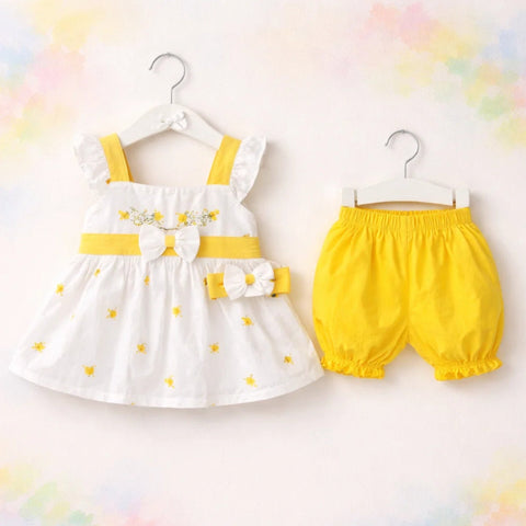 P&P - 3 Pieces - Frock Set - Yellow - Bow & Leaves