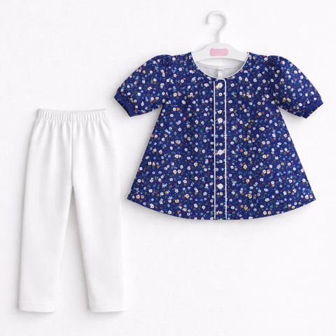 P&P - 2 Pieces - Frock Set - Dark Blue - Mini Flowers