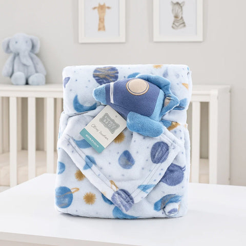 Hudson - Plush Toy Blanket - Rocket & Planets - Blue