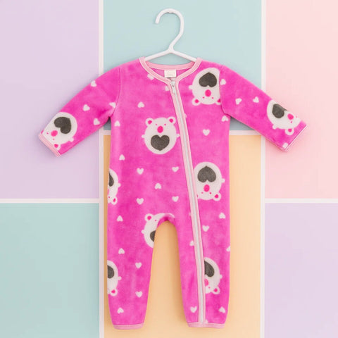 Fleece - Zipper Romper - Pink - Bear & Hearts