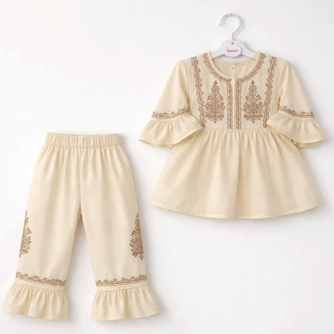 P&P - 2 Pieces - Frock Set - Off White - Embroidered Pattern