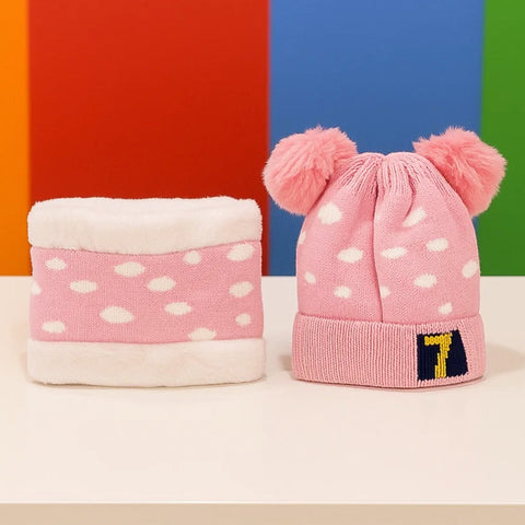Wool Cap With Muffler - 7 Shapes - Pink