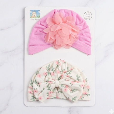 Little Alpaca - Pack of 2 Turban Caps - Pink Leaves & Flower