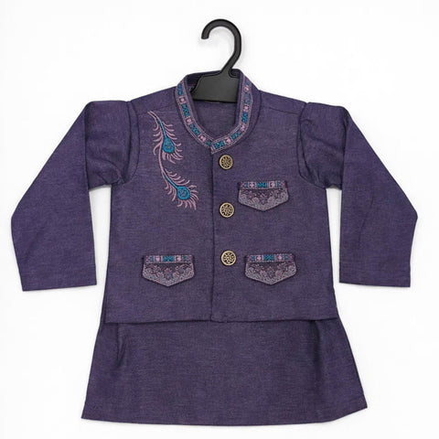 WG - 3 Pieces - Wash N Wear - Waist Coat Kurta Shalwar - Purple - Flower Bail (0-6 Months)