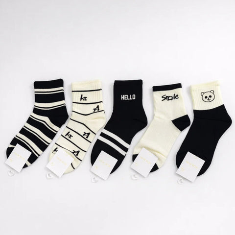 Tini Bear - Pair of 5 Socks - Black White - (Size M4-7)