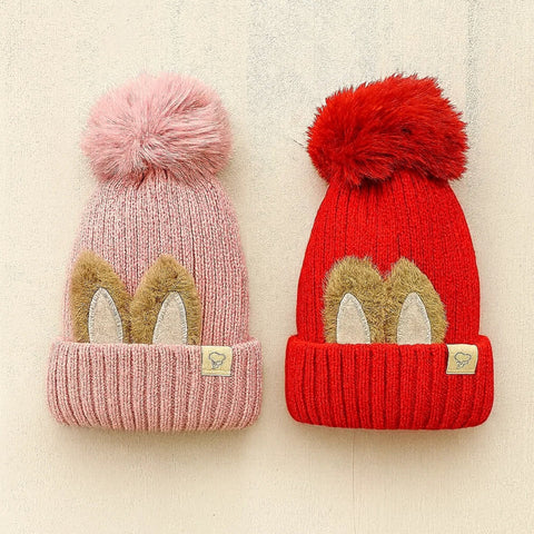 Pack of 2 - Woolen Caps - Red & Pink - Pom Ears - 25