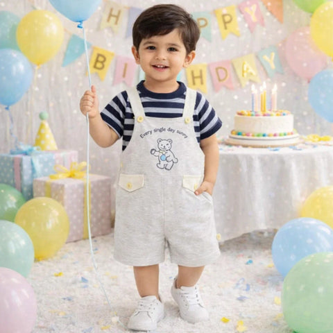 Aimax - 2 Pieces - Dungaree Set - Bear - Grey - China