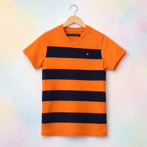 TH - Short Sleeve - V Neck - T-Shirt - Orange & Navy