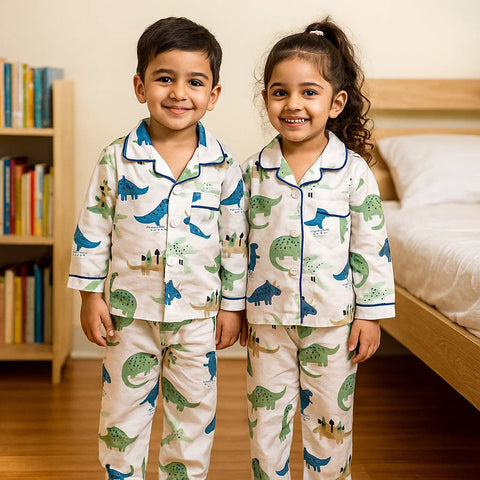 Little Giants - Night Suit - White - Green Dinosaur