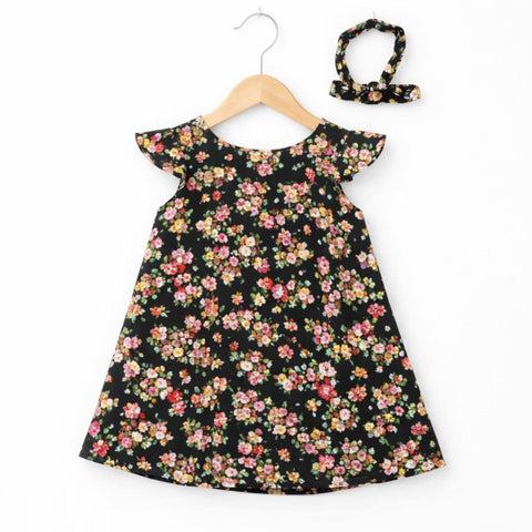 PR - Printed Frock - Black - Cream Flowers