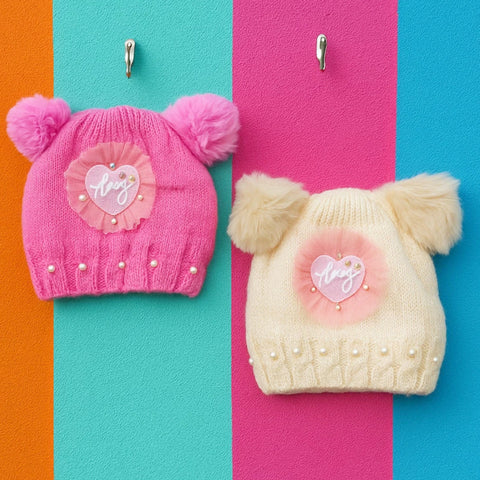 Pack of 2 - Woolen Caps - Pink & Off White - Floral Net - 25
