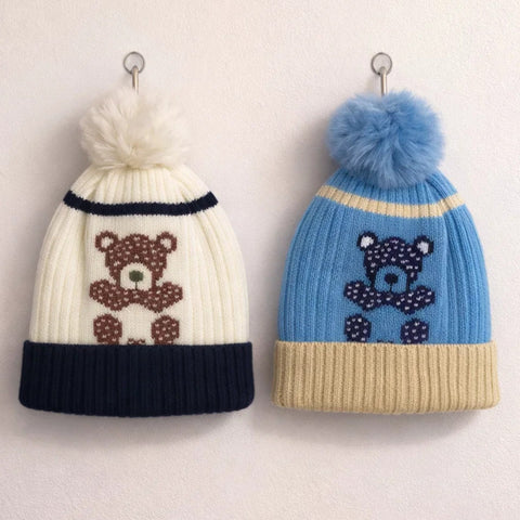 Pack of 2 - Woolen Caps - Blue & White - Small Bear - 26
