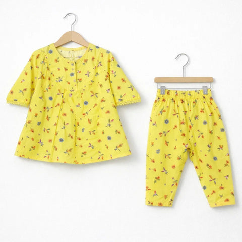 P&P - 2 Pieces - Frock Set - Yellow - Leaves & Flowers