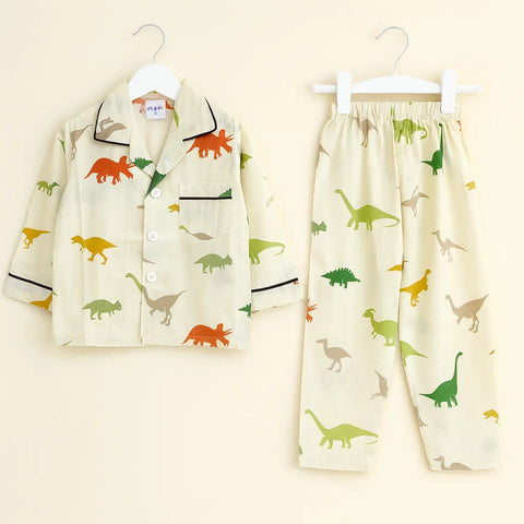 Collar Night Suit - Cotton - Cream - Roaring Dinos
