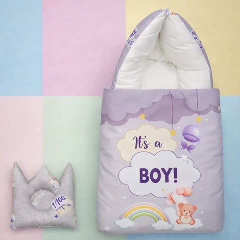 Cotton - Hooded Carry Nest - Light Grey - Rainbow & Boy - 26