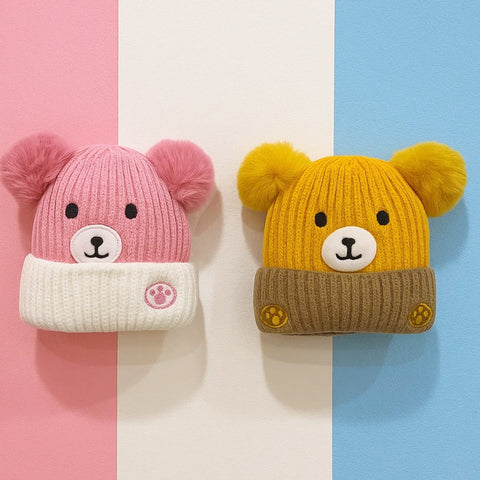 Pack of 2 - Woolen Caps - Yellow & Pink - Multi Bear - 25