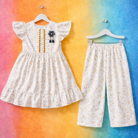 GA - 2 Pieces - Frock Set - White - Leaves