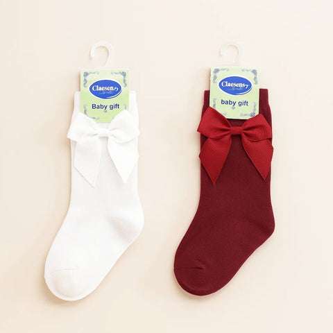 Chieea - Pair of 2 - Long Socks - Bow - White & Red