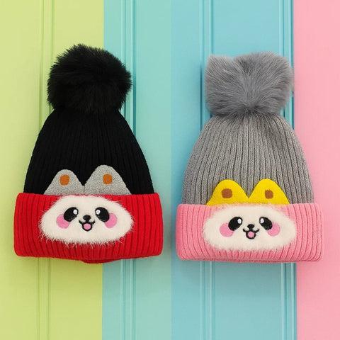 Pack of 2 - Woolen Caps - Grey & Black - Cat - 25