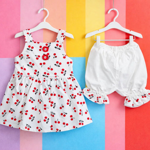 AG - 2 Pieces - Frock Set - Red - Flower & Cherries