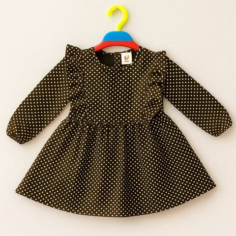 Corduroy Frock - Long Sleeves - Brown - Dots - 25