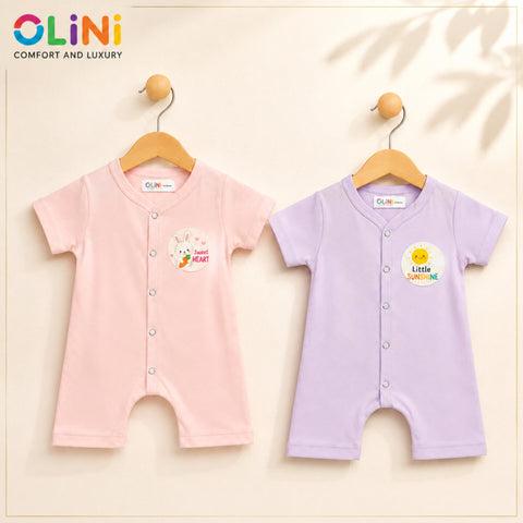 OLINI - Cotton Jersey - Pack of 2 - Short Leg Rompers - Pink & Purple - NUJ