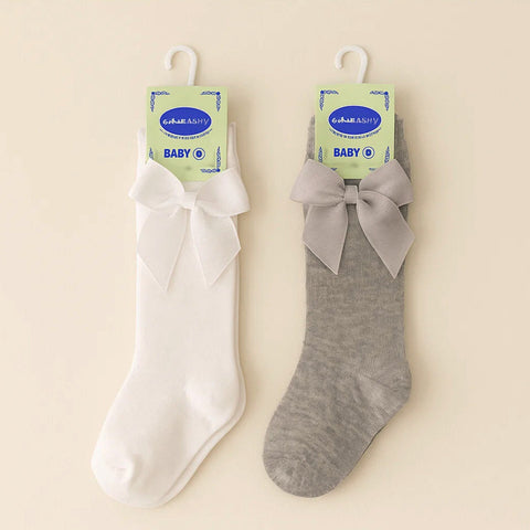 Chieea - Pair of 2 - Long Socks - Bow - White & Grey