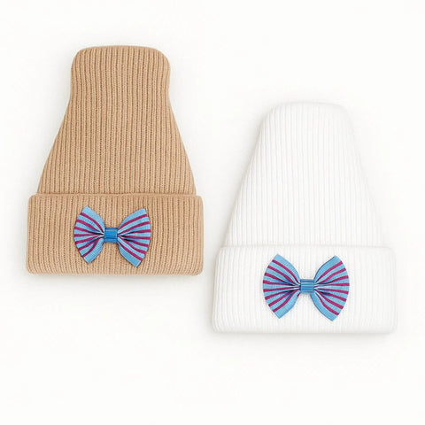 Pack of 2 - Woolen Caps - White & Skin - Striped Bow - 25