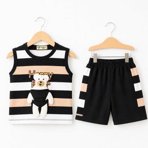 Cotton Jersey - Sando & Short - Pink & Black - Happy Bear