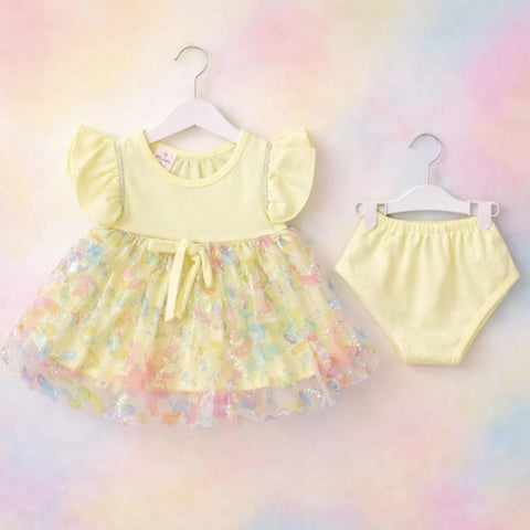 Glamour - Short Sleeve - Fancy Frock - Yellow - Net Flowers