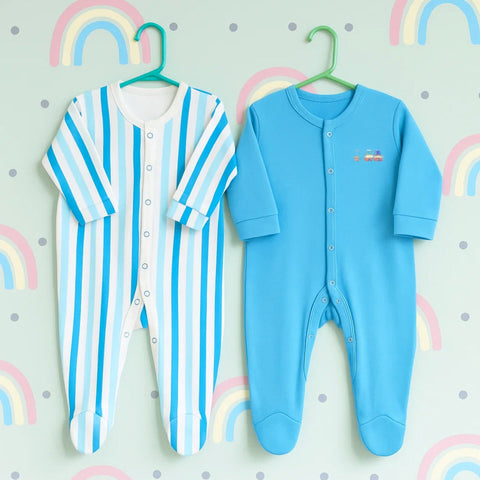 Junior's - Pack of 2 Sleep Suits - Blue - Stripes & Train
