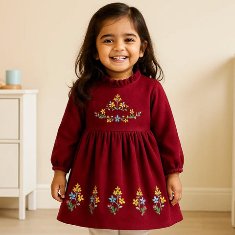Corduroy Frock - Long Sleeves - Maroon - Flowers - 25