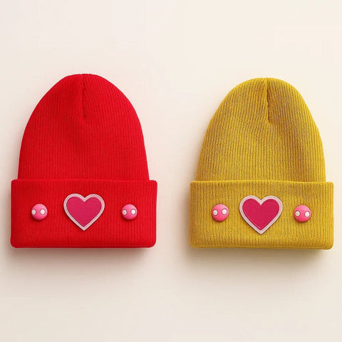 Pack of 2 - Woolen Caps - Red & Green - Button Heart - 25