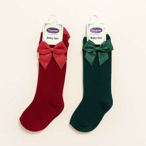 Chieea - Pair of 2 - Long Socks - Bow - Red & Green