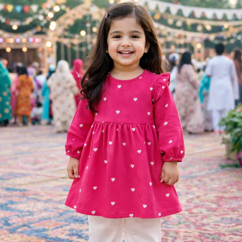 Wow - Cotton Embroidered - Frock - Dark Pink - Hearts