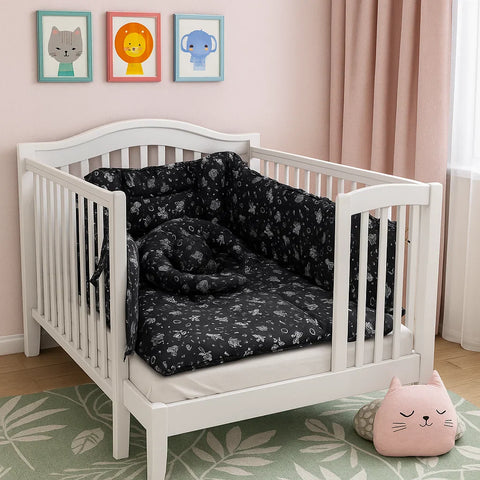 8 Pieces Cot Bedding Set - Black - Butterfly & Stars