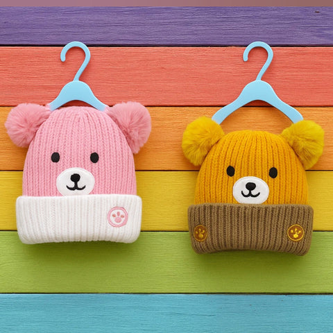 Pack of 2 - Woolen Caps - Yellow & Pink - Multi Bear - 25
