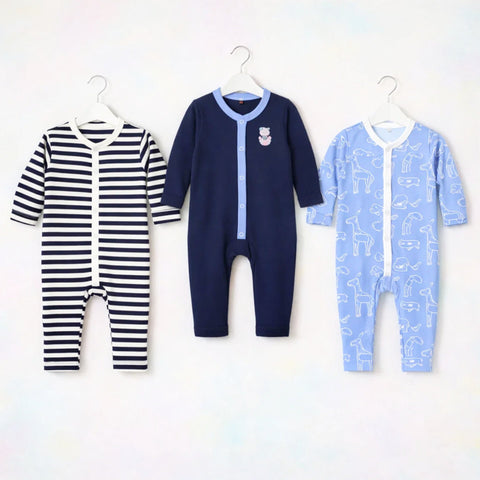 LO - Cotton Jersey - Pack of 3 Rompers - Blue - Stripe Animals