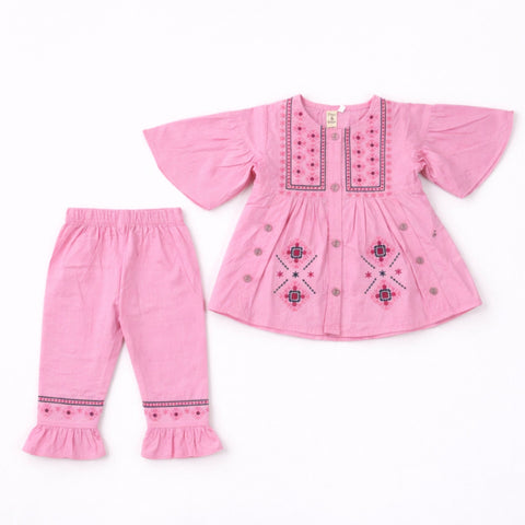 P&P - 2 Pieces - Frock Set - Pink - Embroidered Buttoned