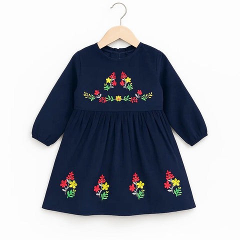 Corduroy Frock - Long Sleeves - Dark Blue - Flowers - 25