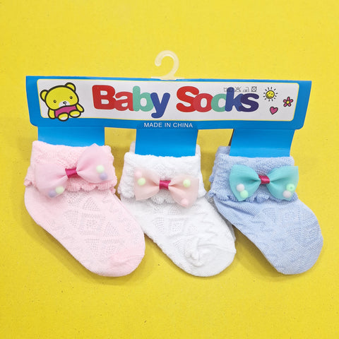 Pair of 3 Socks - Bow Beads - Blue White Pink
