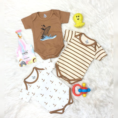 HY - Pack of 3 - Cotton Interlock - Short Sleeve - Bodysuits - Brown