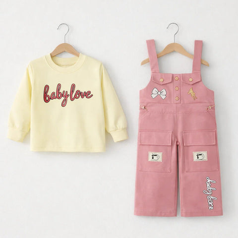 SD - 2 Pieces - Girls Dungaree Set - Pink - Bow