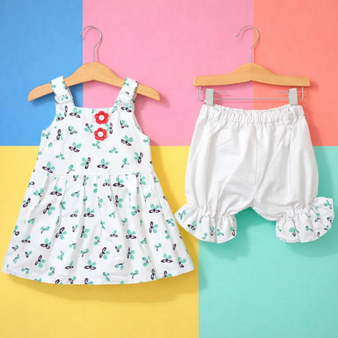 AG - 2 Pieces - Frock Set - Green - Flower & Cherries