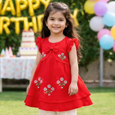 P&P - Short Sleeve - Embroidered Frock - Red - Chain Floral