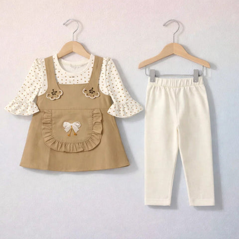 Classic - 2 Pieces - Frock Set - Brown - Polka Bow